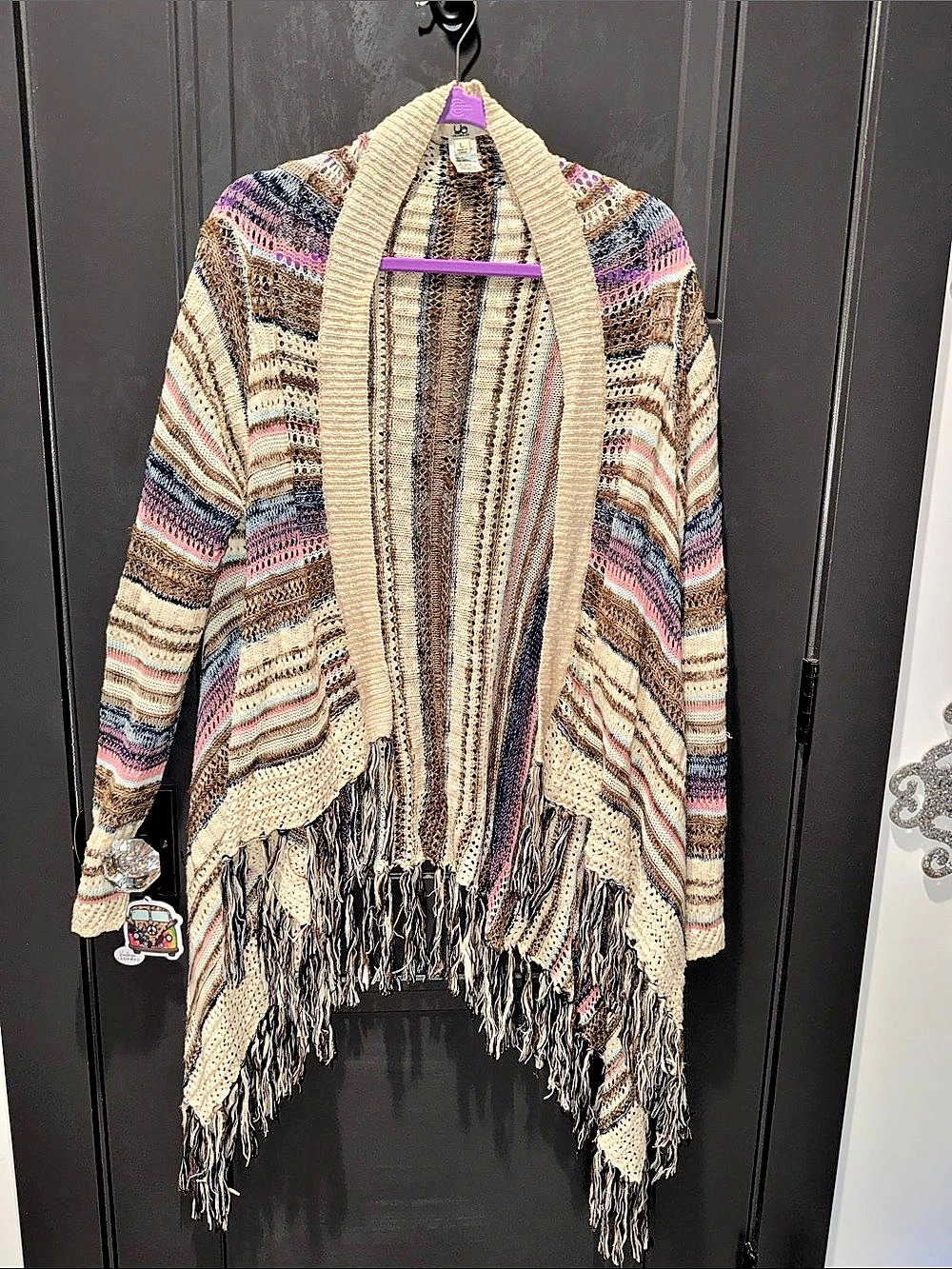 Los Angeles Striped Fringe Cardigan Beige & Blue Medium